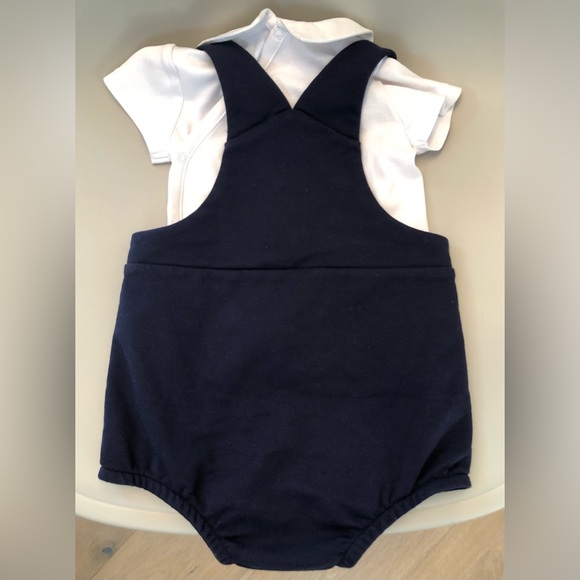 NWT! Jacadi Paris two piece white collared bodysuit & navy blue overall loungers - Picture 3 of 12